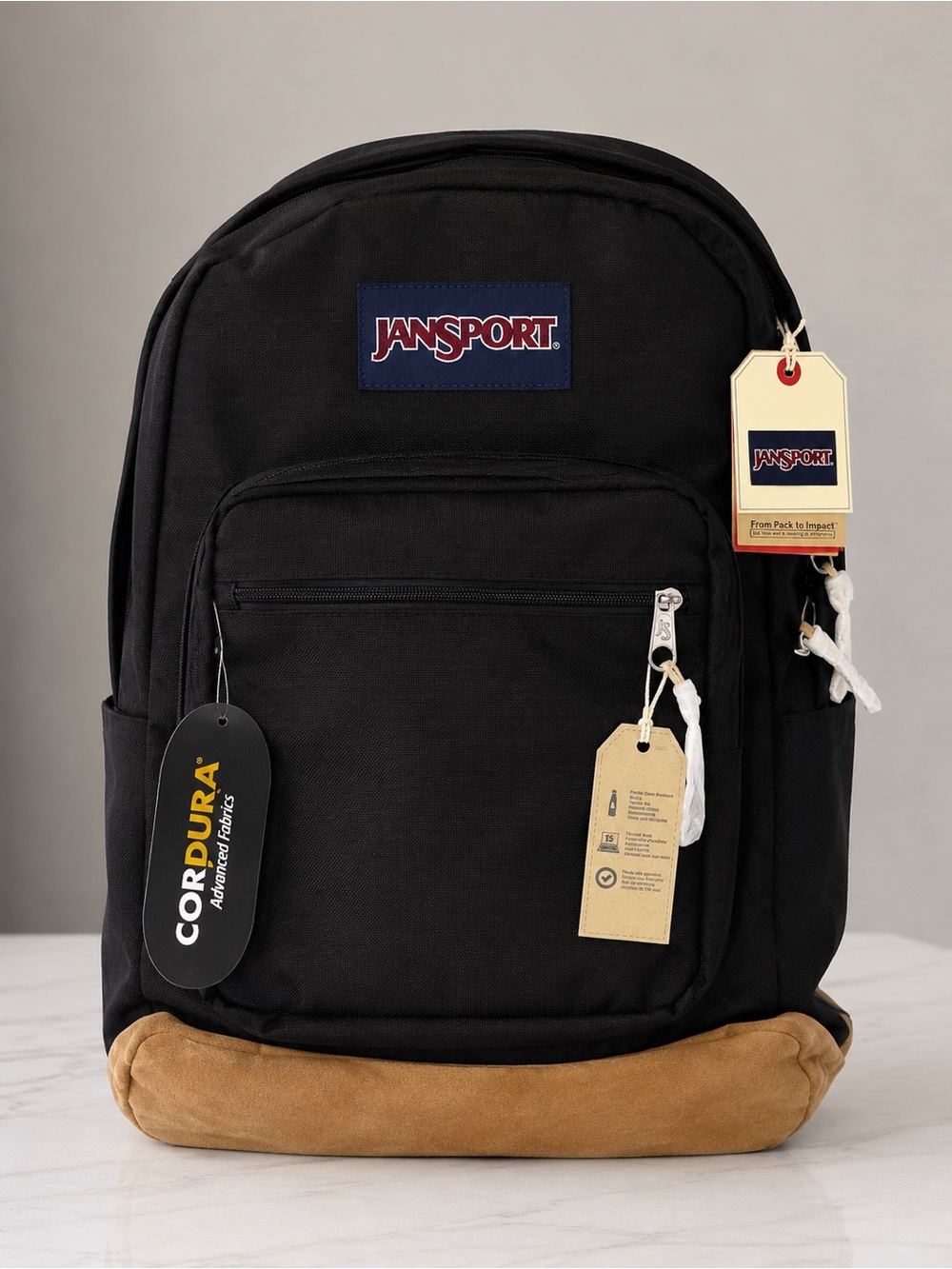 Jansport Black Backpack with Tan Suede Base
